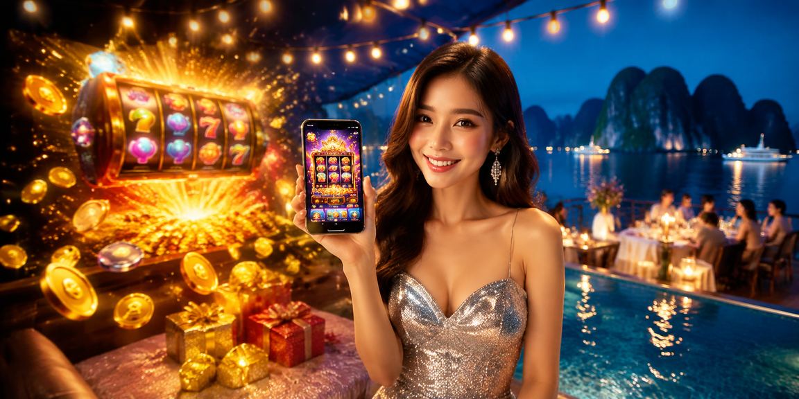 Cảnh chơi slots game bên bờ biển vịnh Hạ Long với không gian giải trí ngoài trời